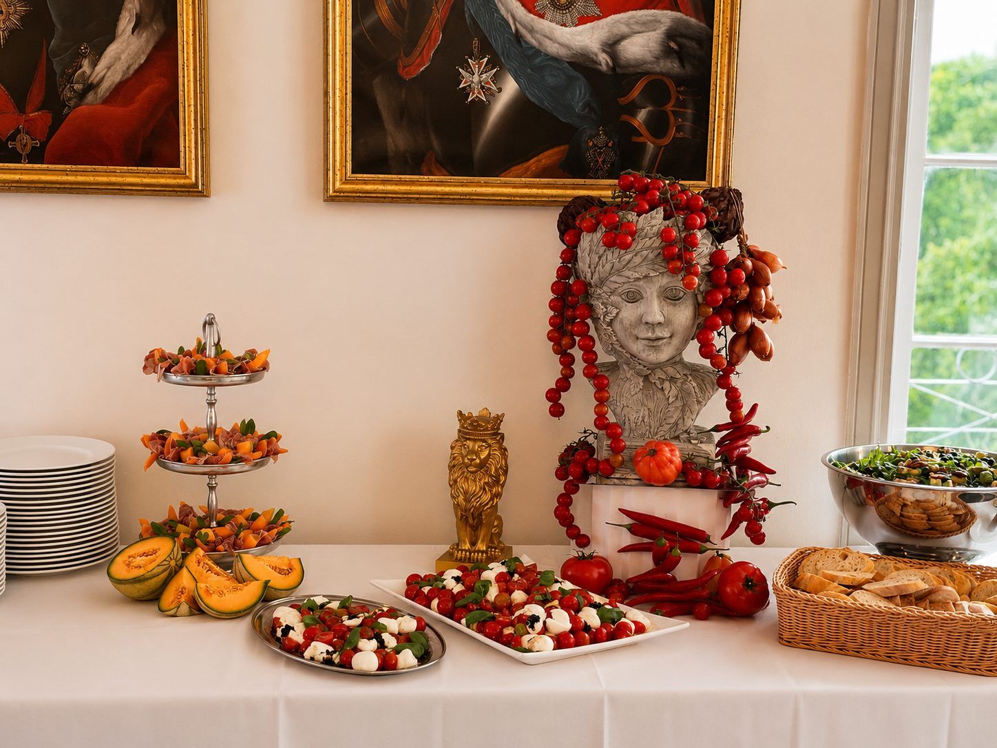Buffet mit Tomaten-Skulptur