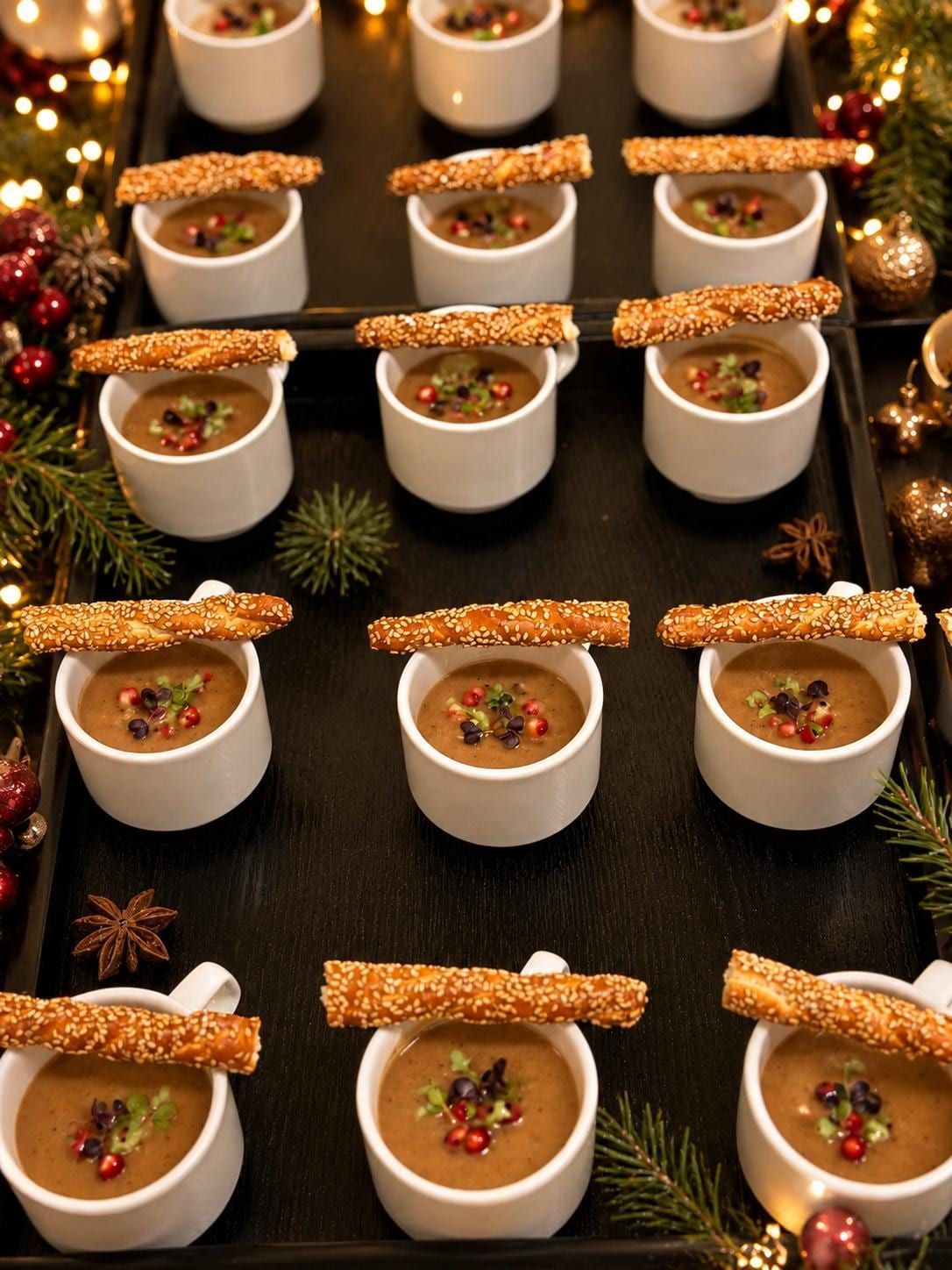 Weiße Tassen mit Suppe und Sesamstangen auf schwarzen Tabletts, dazwischen Tannenzweige, Sterne und Christbaumkugeln